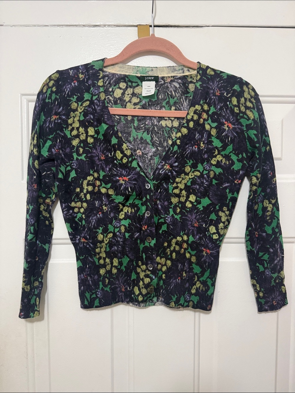 J. Crew Navy and Green Floral Button Cardigan